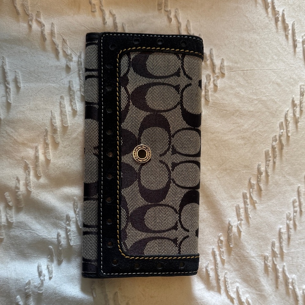 Coach Monogram Trifold Wallet in Black and Gray with Gold Snap